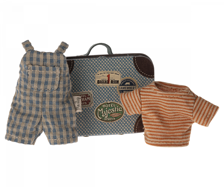 Maileg Overalls and Shirt In Suitcase, Big brother mouse(Ships April)