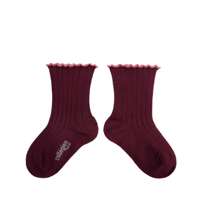 Collegien Delphine Lettuce Trim Ribbed Socks - Bordeaux Grand Cru *preorder*