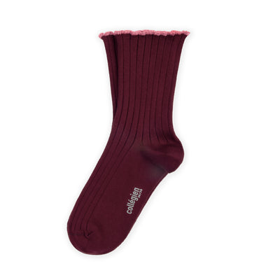 Collegien Delphine Lettuce Trim Ribbed Socks - Bordeaux Grand Cru *preorder*