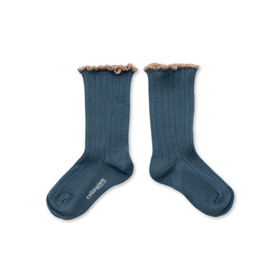 Collegien Delphine Lettuce Trim Ribbed Socks - Bleu Cendre *preorder*
