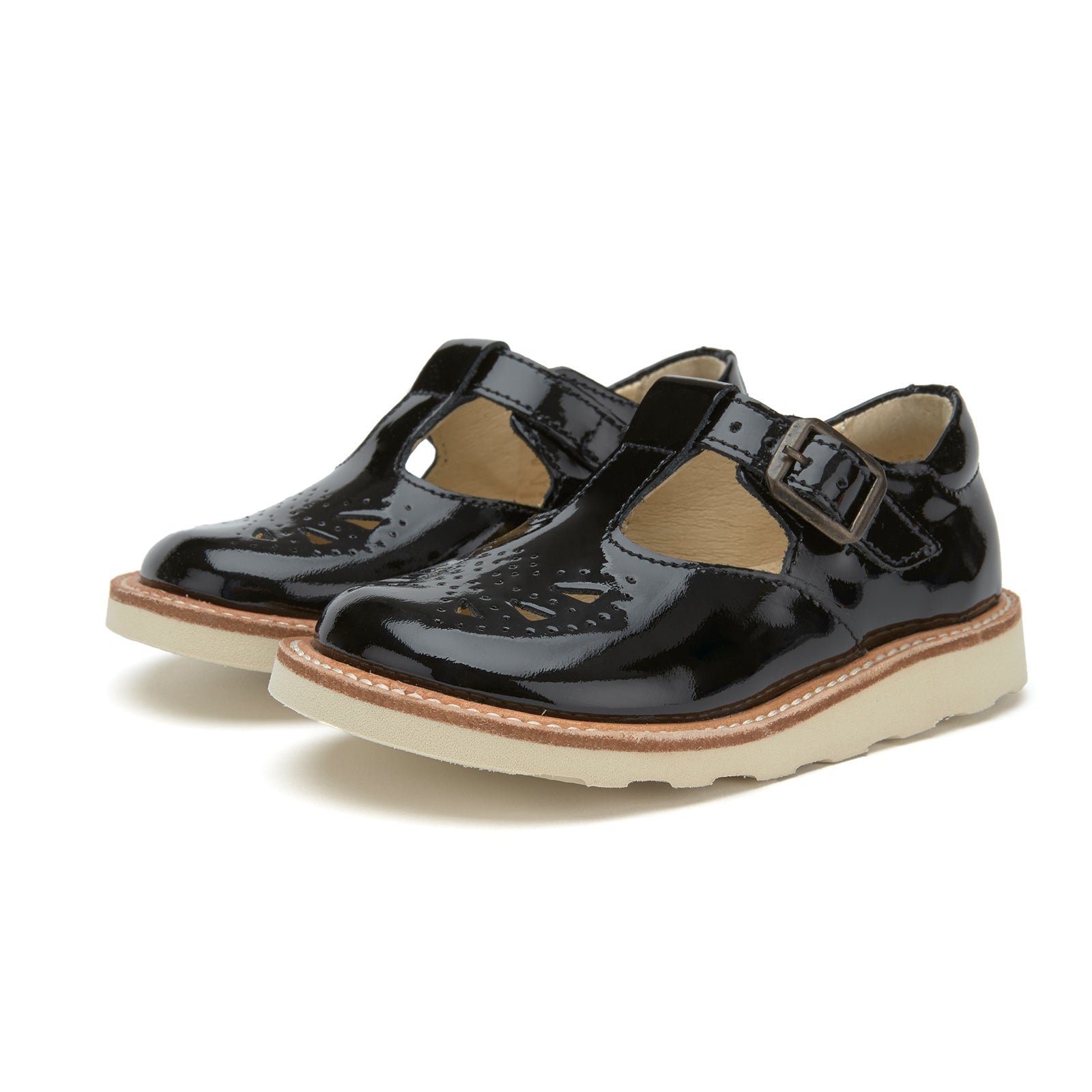 Young Soles Rosie T-Bar Leather Shoes - Black Patent