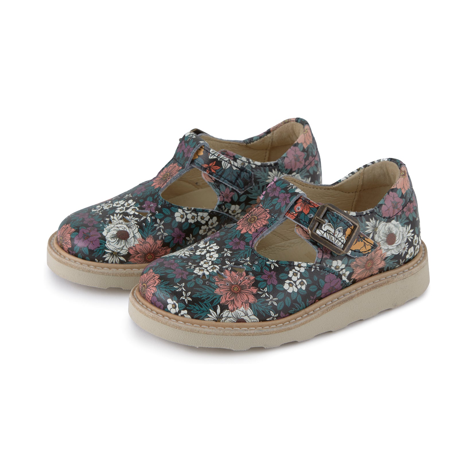 Young Soles Rosie T-Bar Leather Shoes - Floral Black