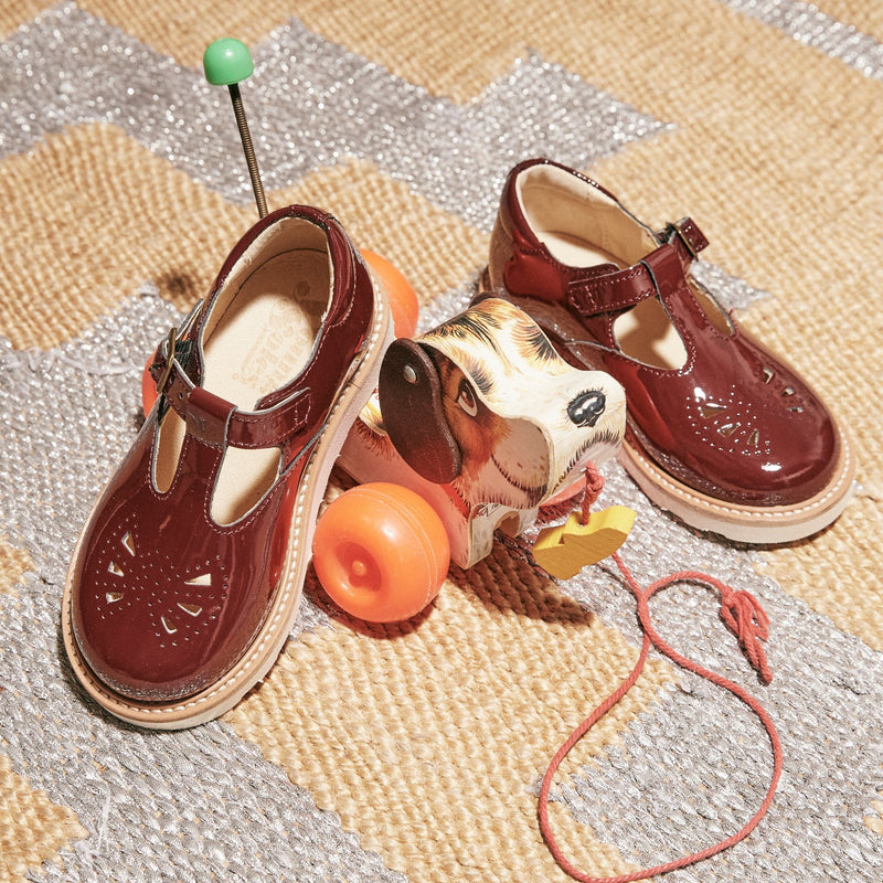 Young Soles Rosie T-Bar Leather Shoes - Cherry Patent