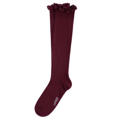 Collegien Josephine Ribbed Lace Trim Knee High Socks/ Bordeaux Grand Cru *preorder*
