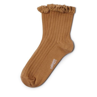 Collegien Lili Ribbed Lace Trim Ankle Socks/ Caramel *preorder*