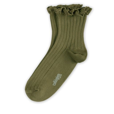 Collegien Lili Ribbed Lace Trim Ankle Socks / Olive *preorder*