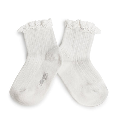 Collegien Lili Ribbed Lace Trim Ankle Socks/ Blanc Neige *preorder*