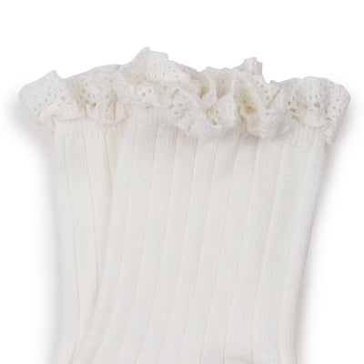 Collegien Lili Ribbed Lace Trim Ankle Socks/ Blanc Neige *preorder*