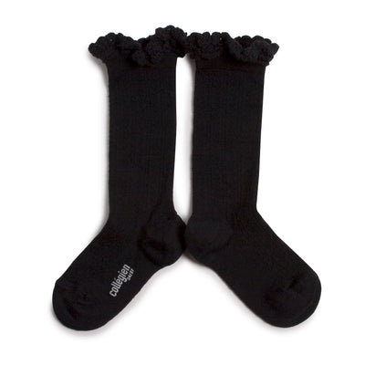 Collegien Pointelle Merino Wool Lace Trim Knee High Socks / Charbon *preorder*