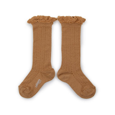 Collegien Pointelle Merino Wool Lace Trim Knee High Socks / Caramel *preorder*