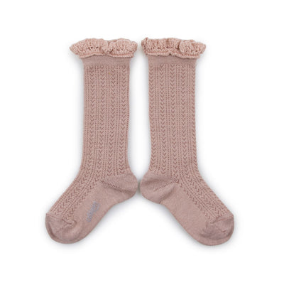 Collegien Pointelle Merino Wool Lace Trim Knee High Socks / Vieux Rose *preorder*