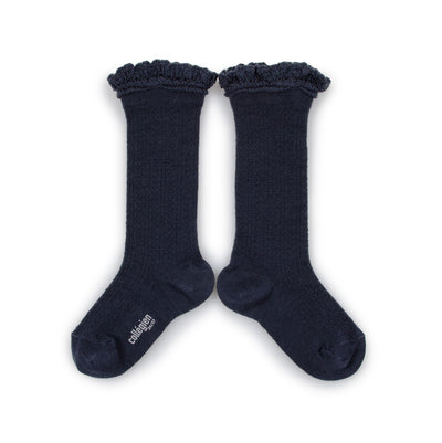 Collegien Pointelle Merino Wool Lace Trim Knee High Socks / Nuit Etoilee *preorder*