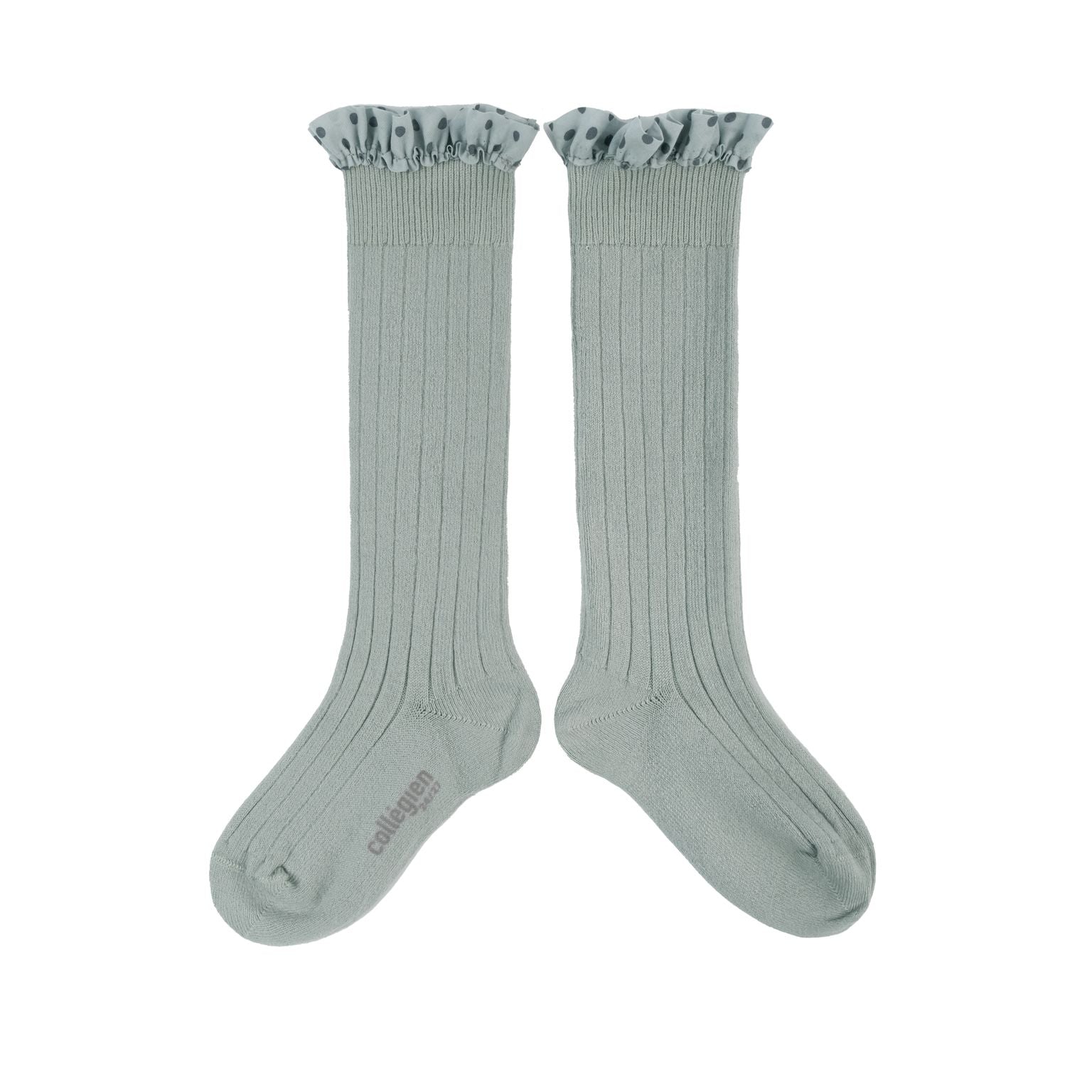 Collegien Maud Polka Dots Ruffle Knee High Socks - Marine *Preorder*