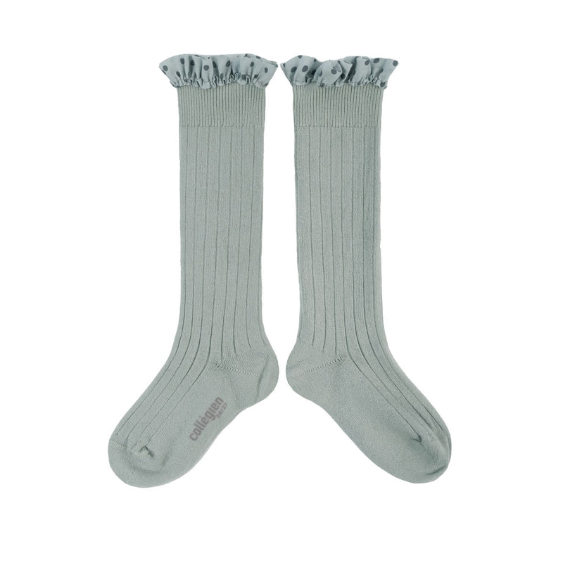 Collegien Maud Polka Dots Ruffle Knee High Socks - Marine *Preorder*