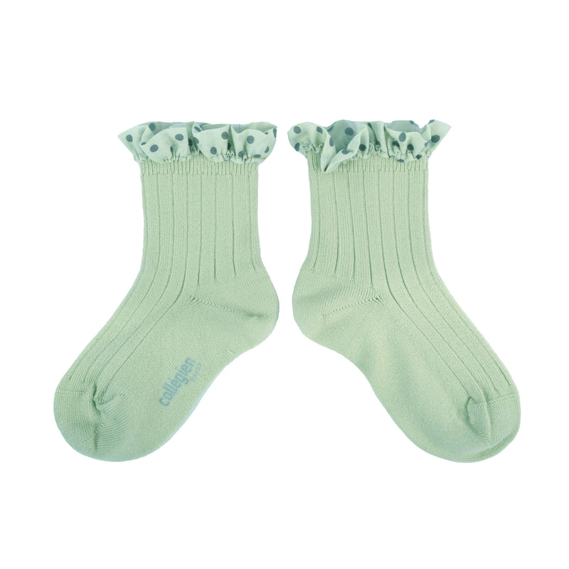 Collegien Polka Dots Ruffle Ankle Socks - Verveine *Preorder*