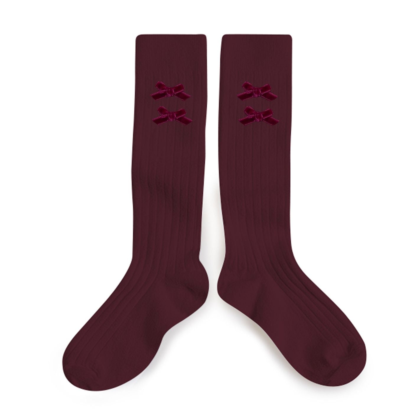 Collegien Ribbed Velvet Bows Knee High Socks / Bordeaux *preorder*
