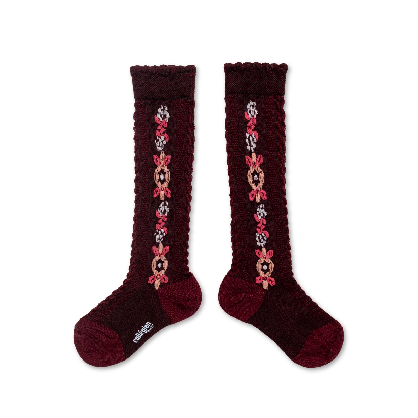 Collegien Dalia Jacquard Flower Knee High Socks -Bordeaux Grand Cru *preorder*