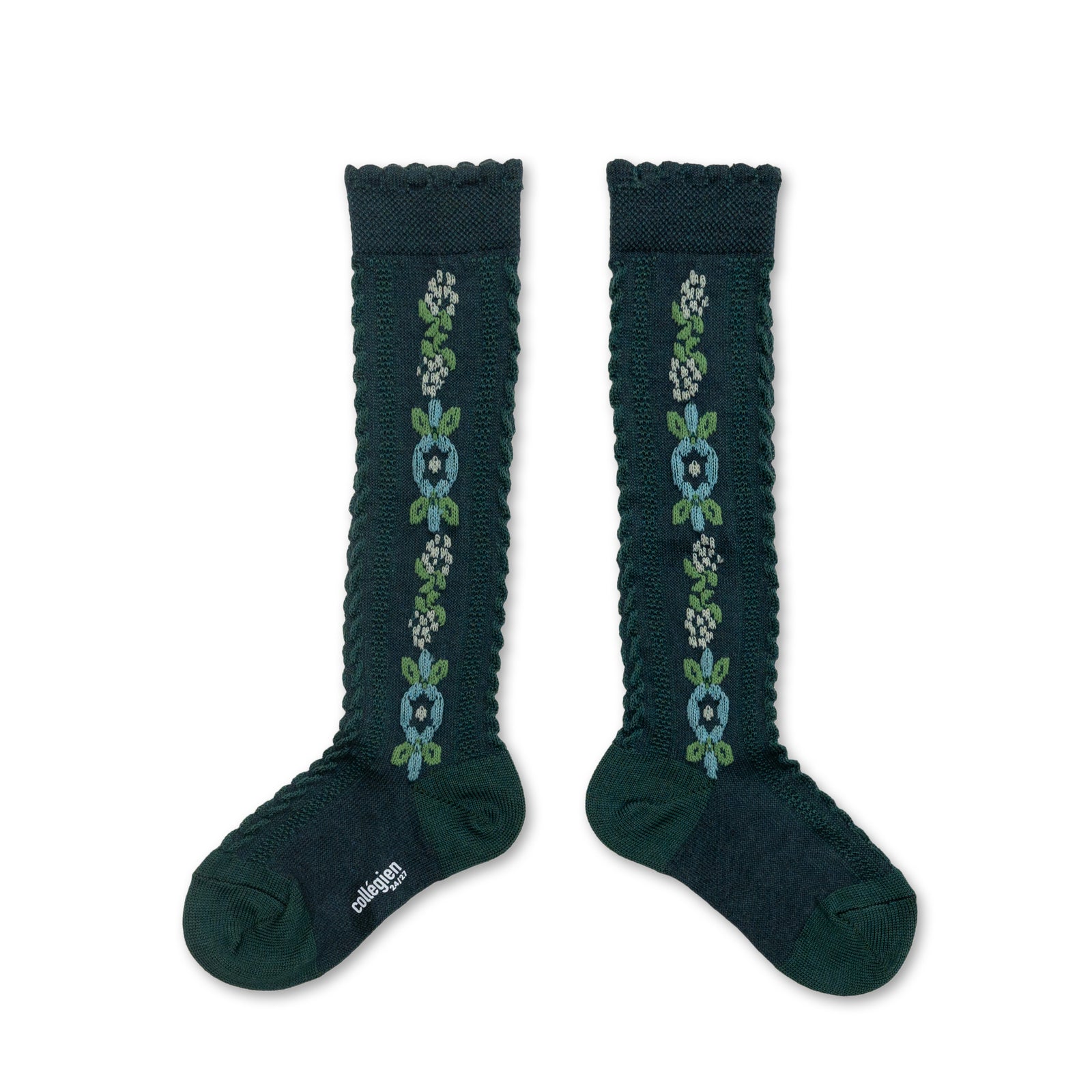 Collegien Dalia Jacquard Flower Knee High Socks - Vert Foret *preorder*