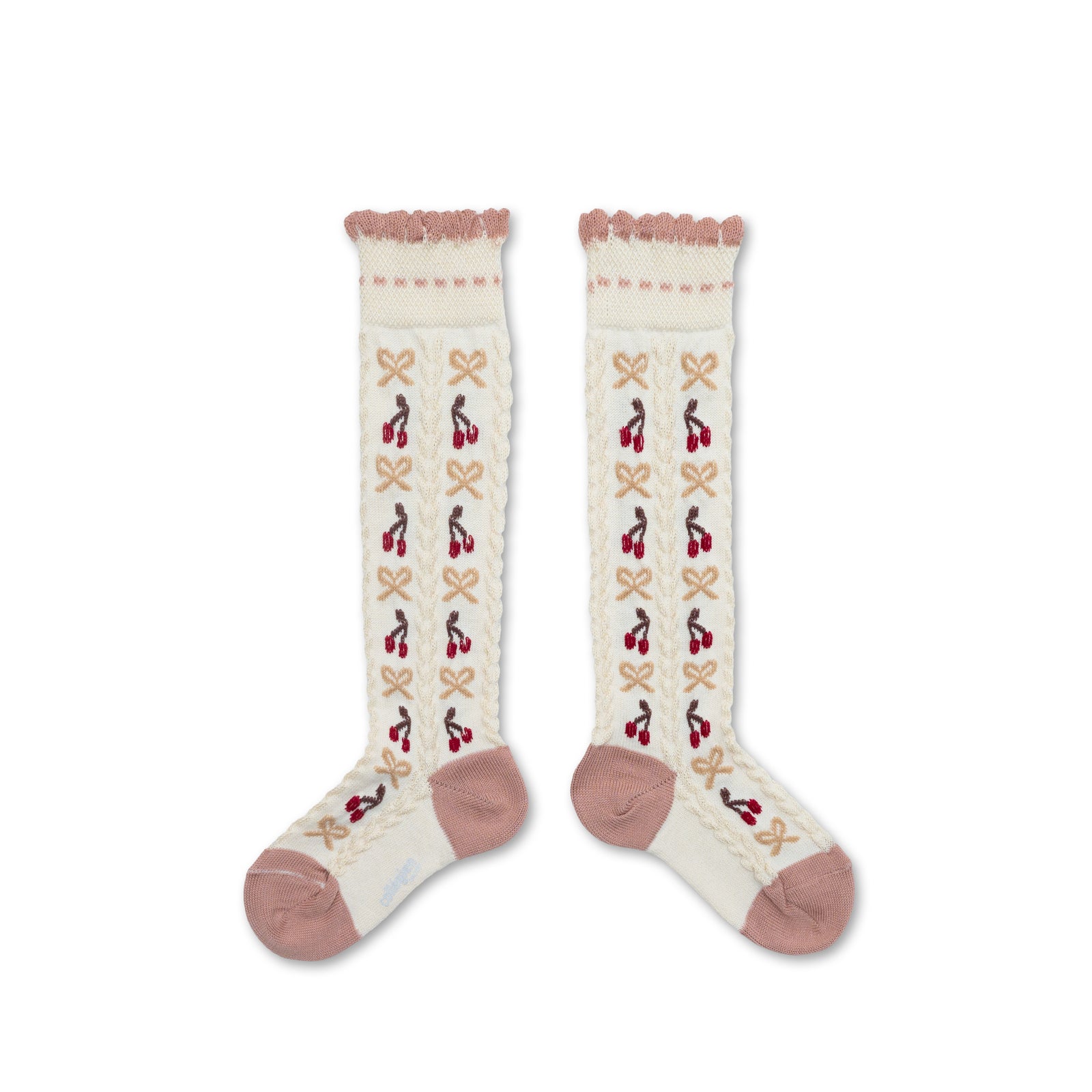 Collegien Cerise Jacquard Cherries and Bows Knee-high Socks - Doux Agneaux *Preorder*