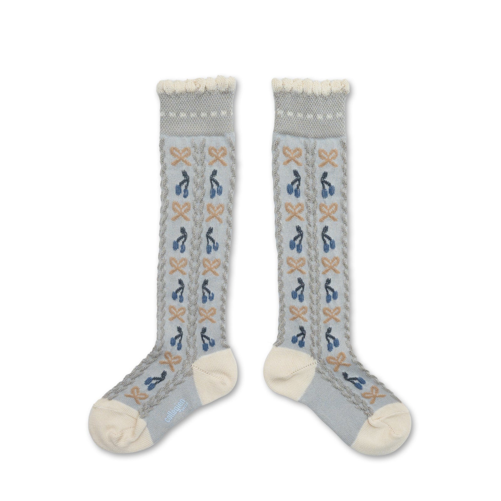 Collegien Cerise Jacquard Cherries and Bows Knee-high Socks - Gris Perle *Preorder*