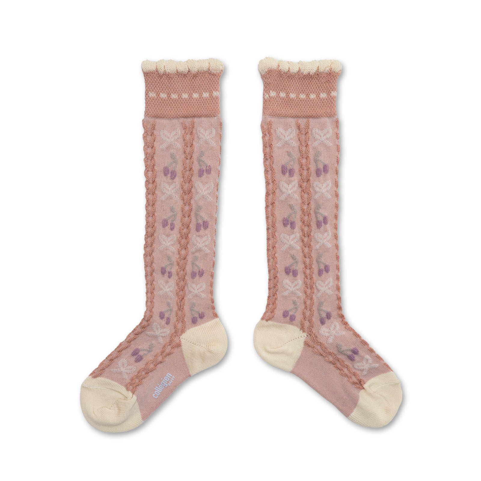 Collegien Cerise Jacquard Cherries and Bows Knee-high Socks - Vieux Rose *Preorder*