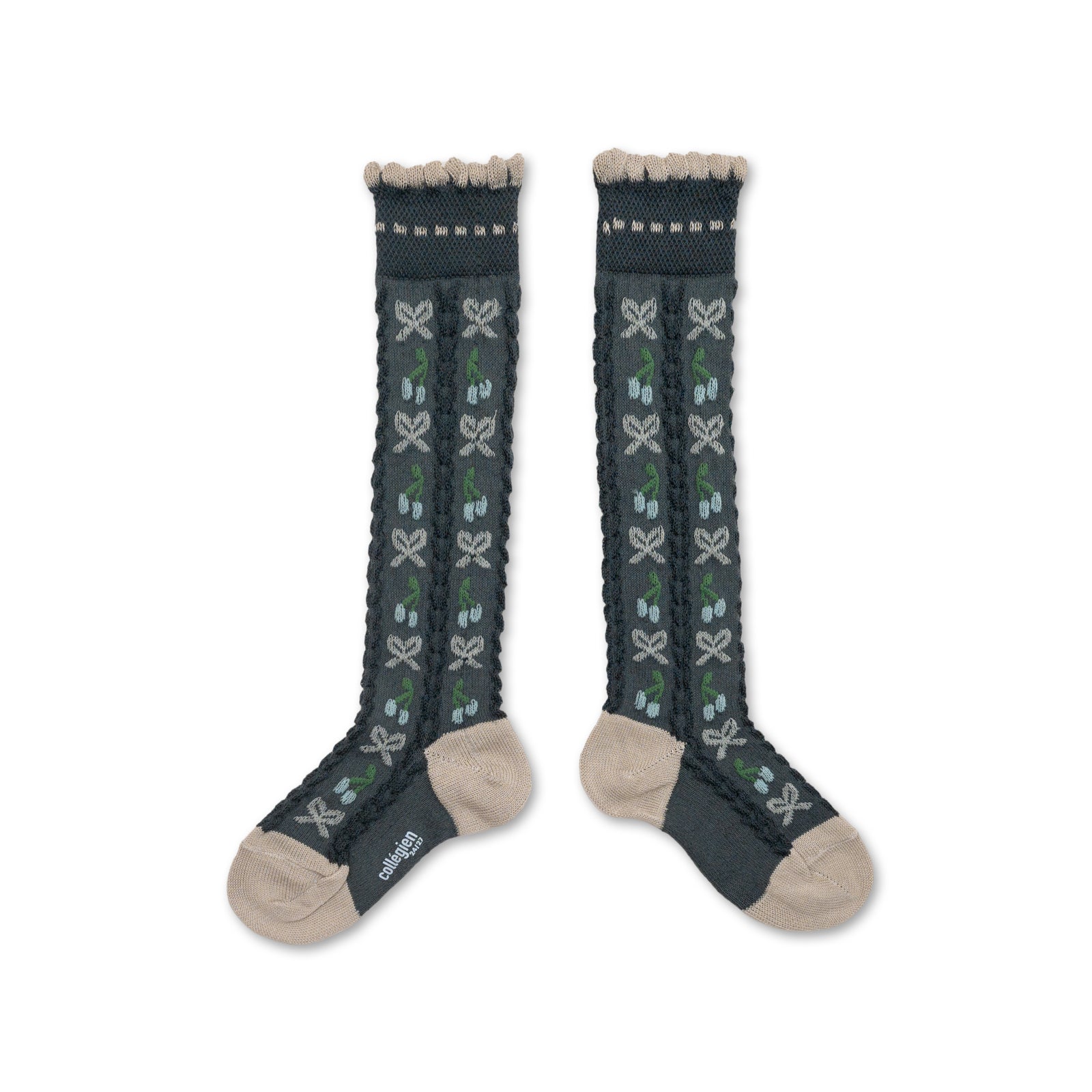 Collegien Cerise Jacquard Cherries and Bows Knee-high Socks - Pierre De Volvic *Preorder*