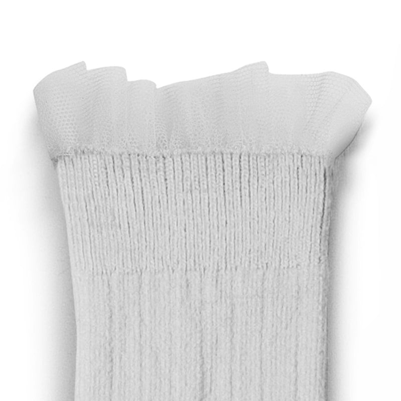 Collegien Manon Ribbed Tulle Trim Knee High Socks / Blanc *preorder*