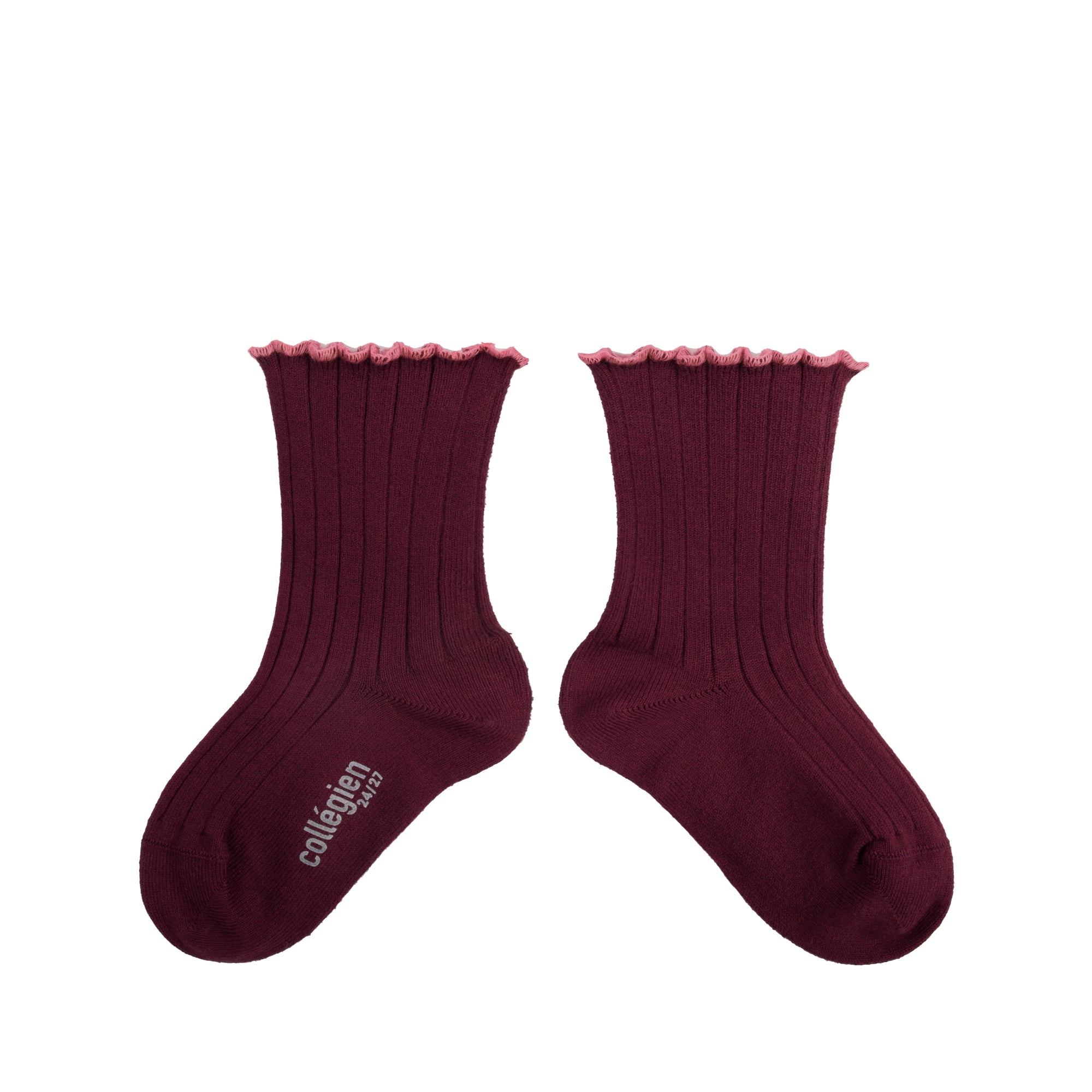 Collegien Delphine Lettuce Trim Ribbed Socks -Bordeaux