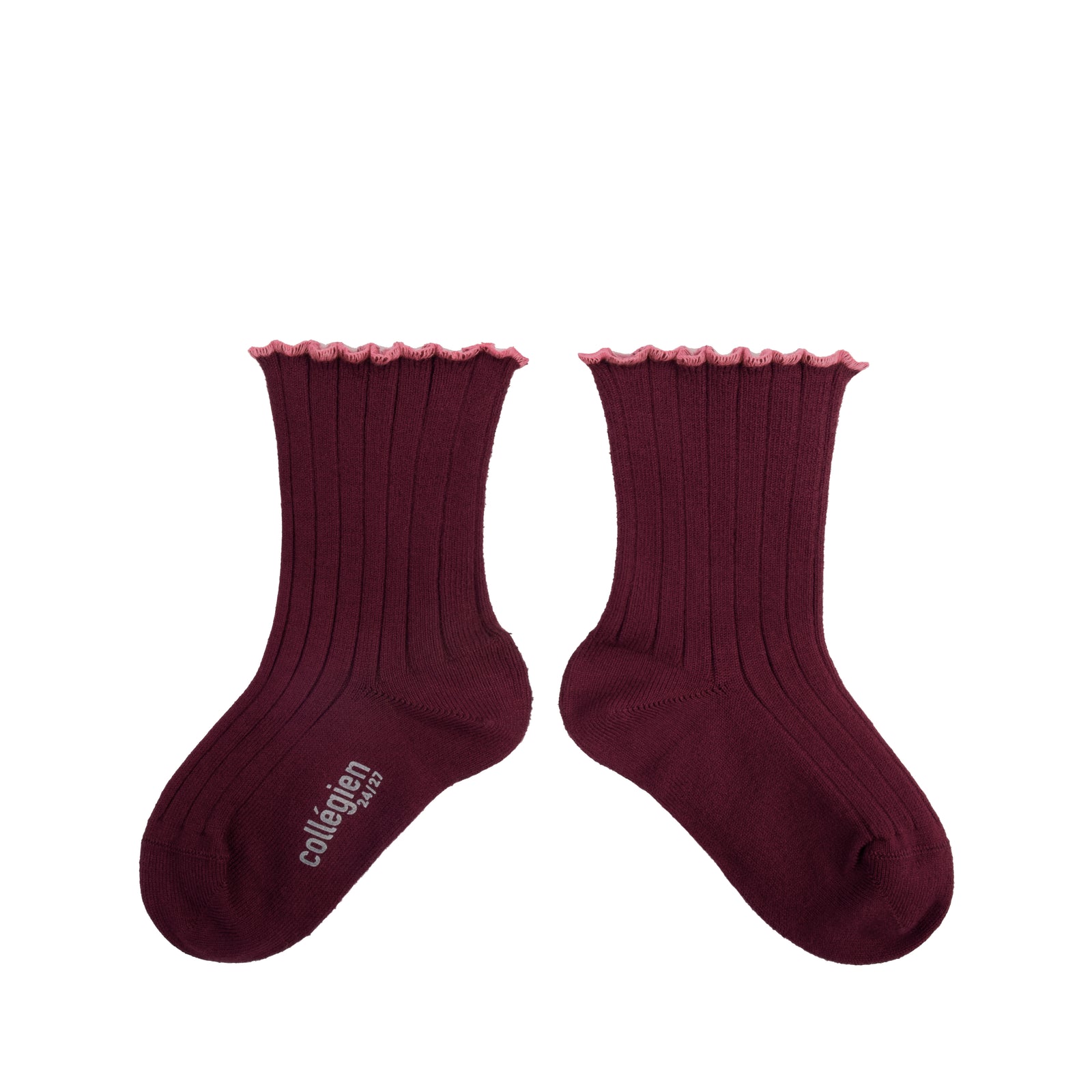 Collegien Delphine Lettuce Trim Ribbed Socks - Bordeaux Grand Cru *preorder*