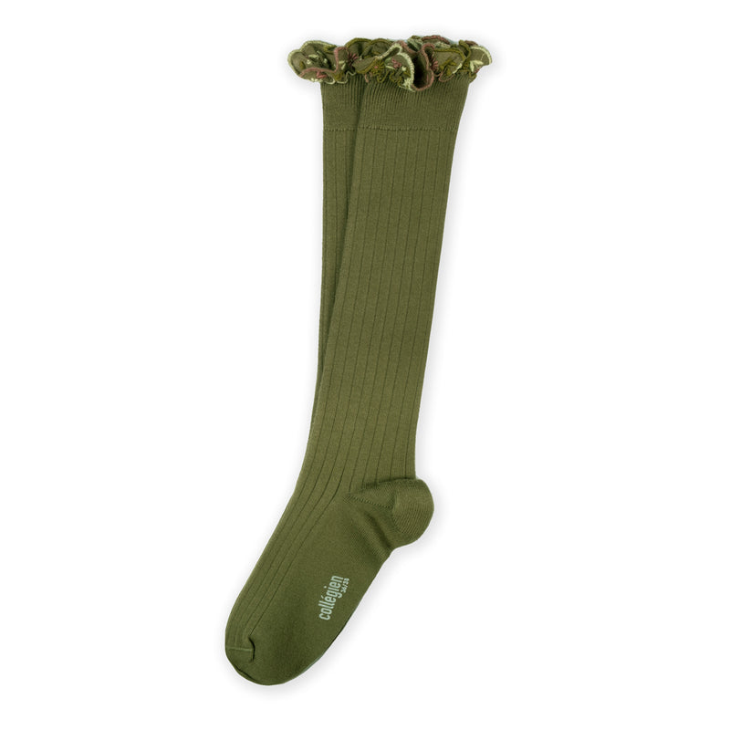 Collegien Eglantine Embroider Ruffle Knee High Socks -Olive *preorder*
