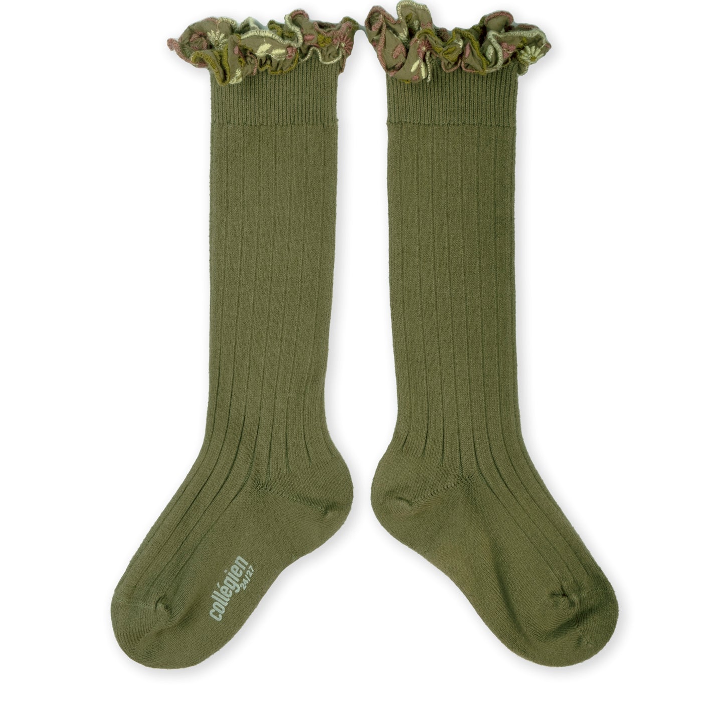 Collegien Eglantine Embroider Ruffle Knee High Socks -Olive *preorder*