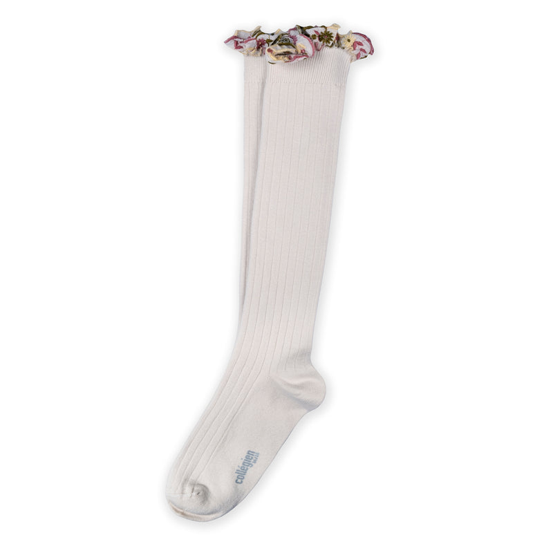 Collegien Eglantine Embroider Ruffle Knee High Socks -Blanc Neige *preorder*
