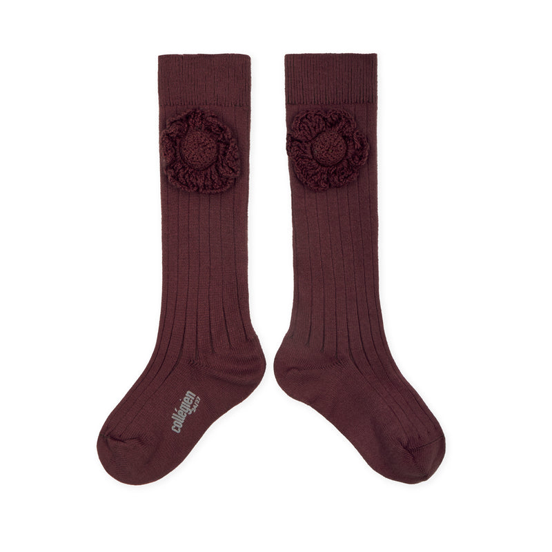 Collegien Fleur Knee High Ribbed Socks - Châtaigne *preorder*