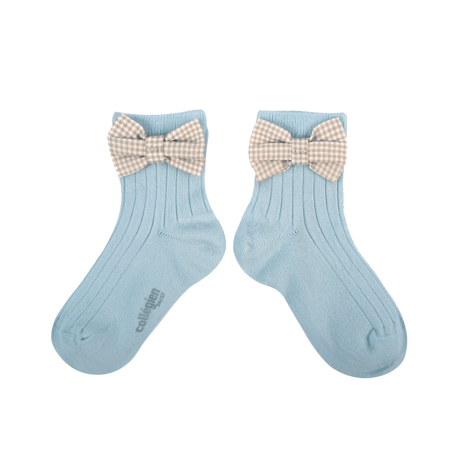 Collegien Colette Gingham Bow Ribbed Ankle Socks / Glacier *preorder*