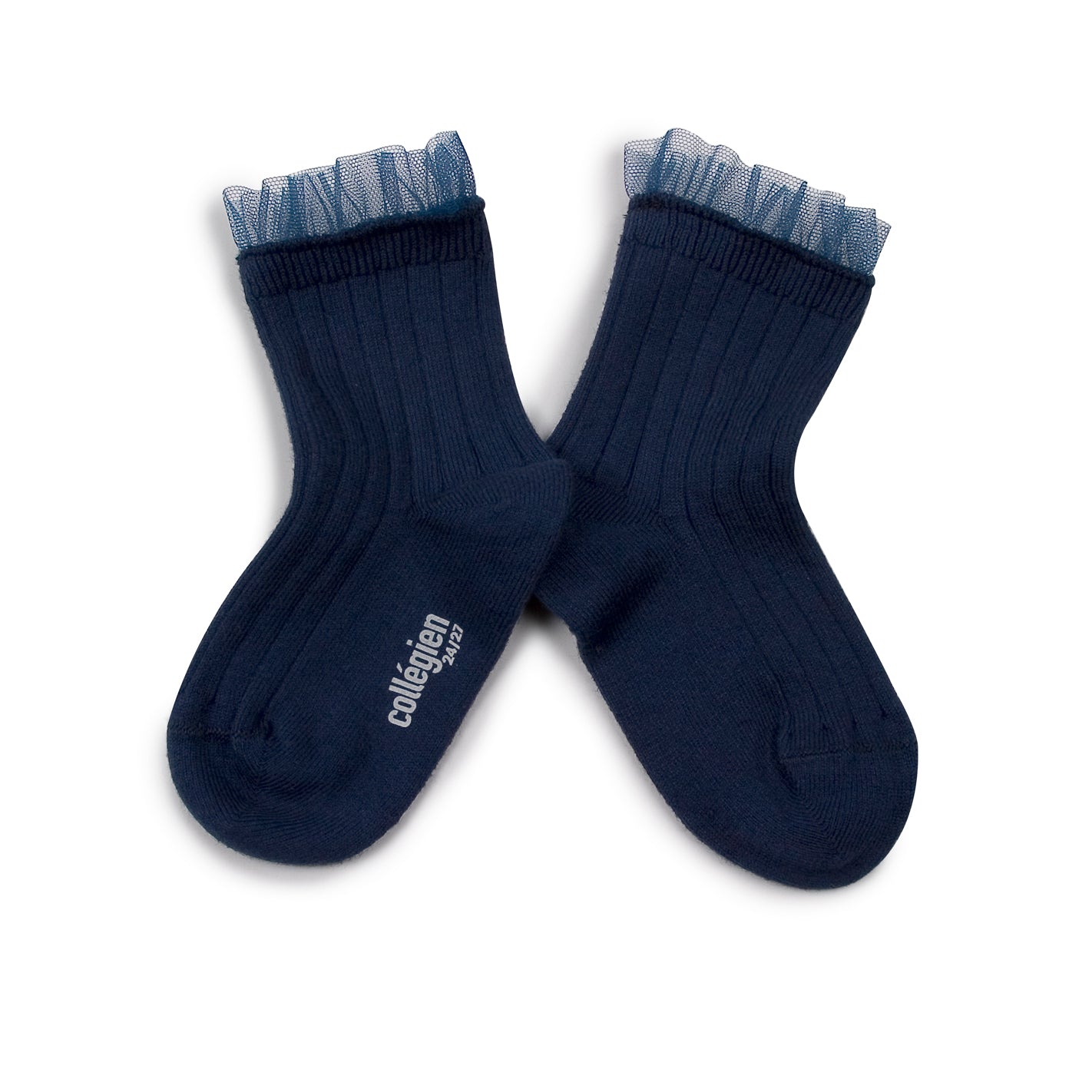 Collegien Margaux Ribbed Tulle Trim Ankle Socks / Nuit Etoilée *preorder*