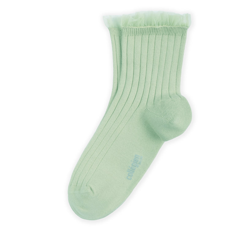 Collegien Margaux Ribbed Tulle Trim Ankle Socks /Verveine *preorder*