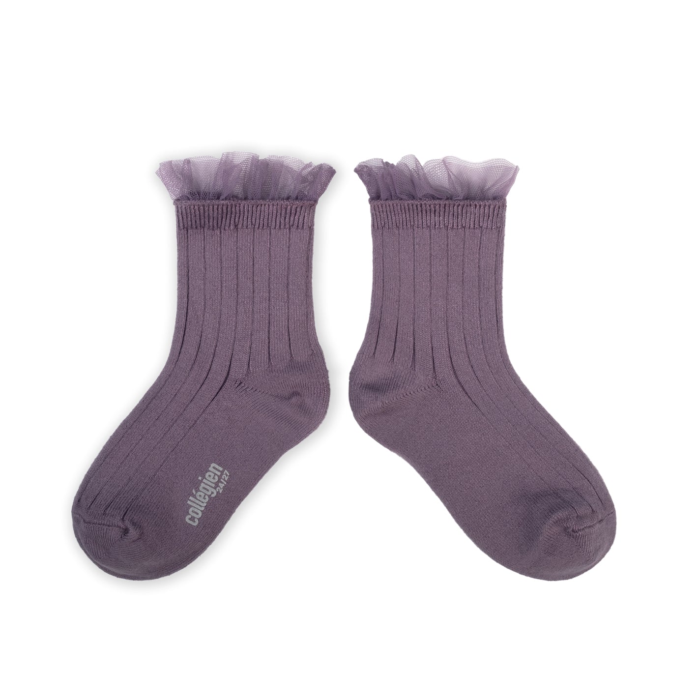 Collegien Margaux Ribbed Tulle Trim Ankle Socks /Glycine *preorder*
