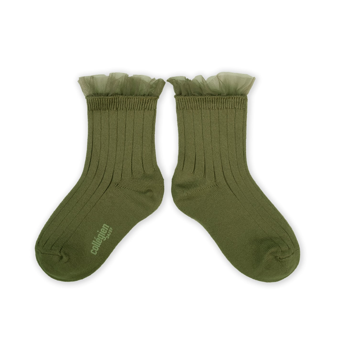 Collegien Margaux Ribbed Tulle Trim Ankle Socks /Olive *preorder*