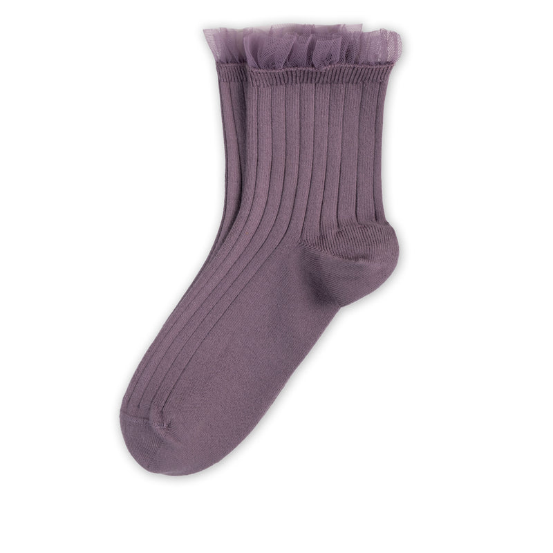 Collegien Margaux Ribbed Tulle Trim Ankle Socks /Glycine *preorder*