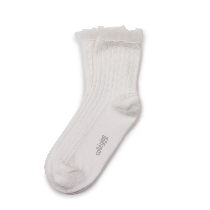 Collegien Margaux Ribbed Tulle Trim Ankle Socks /Blanc *preorder*