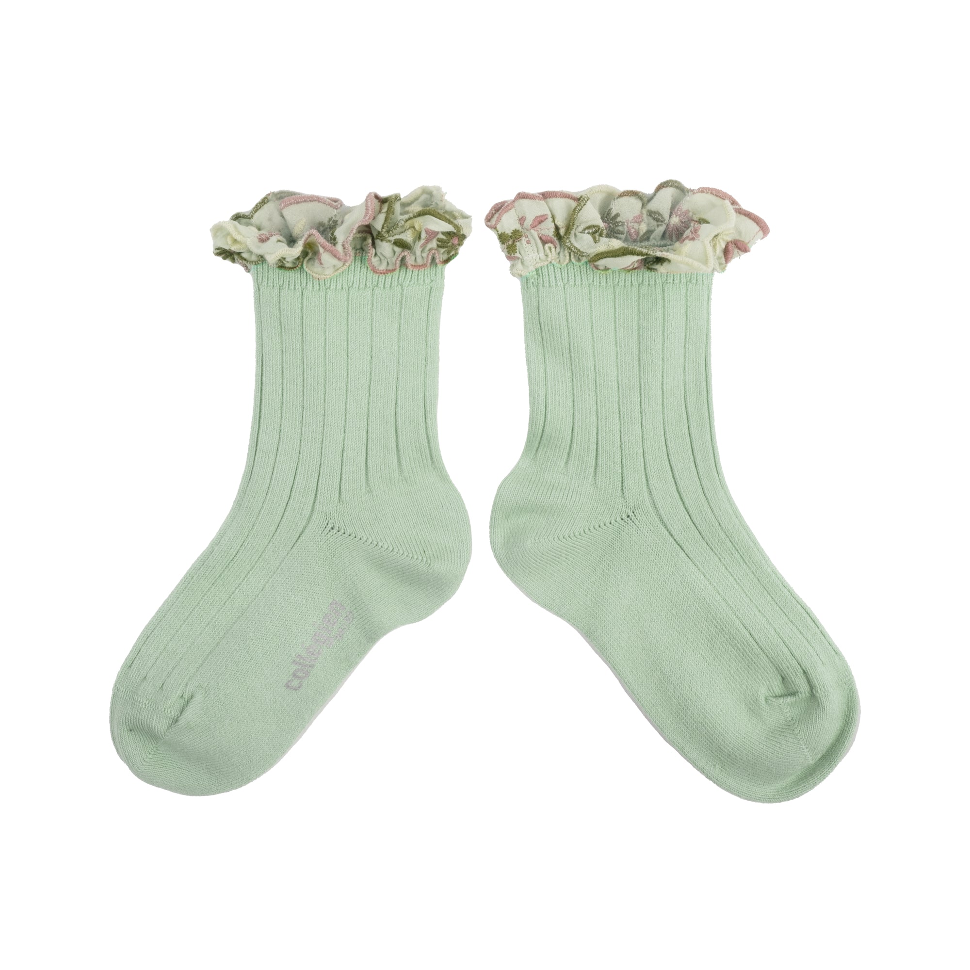 Collegien Anemone Embroider Ruffle Ankle Socks - Verveine *preorder*