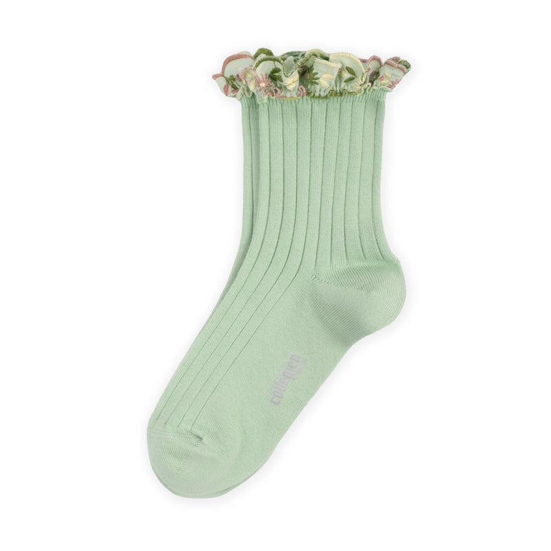 Collegien Anemone Embroider Ruffle Ankle Socks - Verveine *preorder*