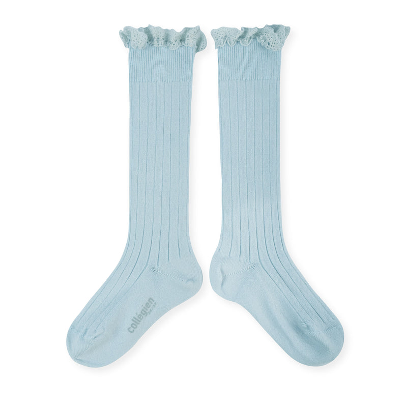 Collegien Josephine Ribbed Lace Trim Knee High Socks/ Glacier *preorder*