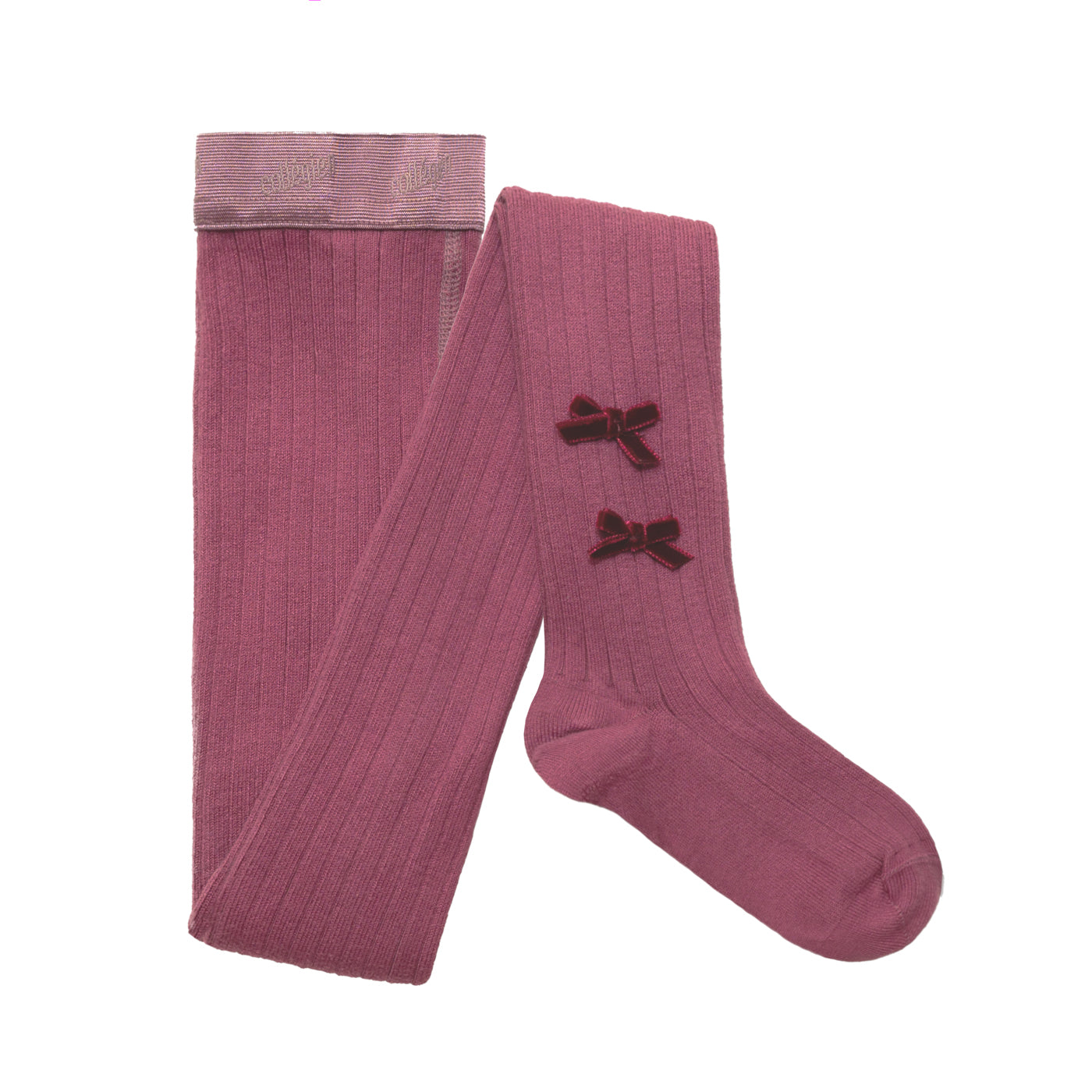 Collegien Ribbed Tights w. Velvet Bows / Raisin Rose *PreOrder*