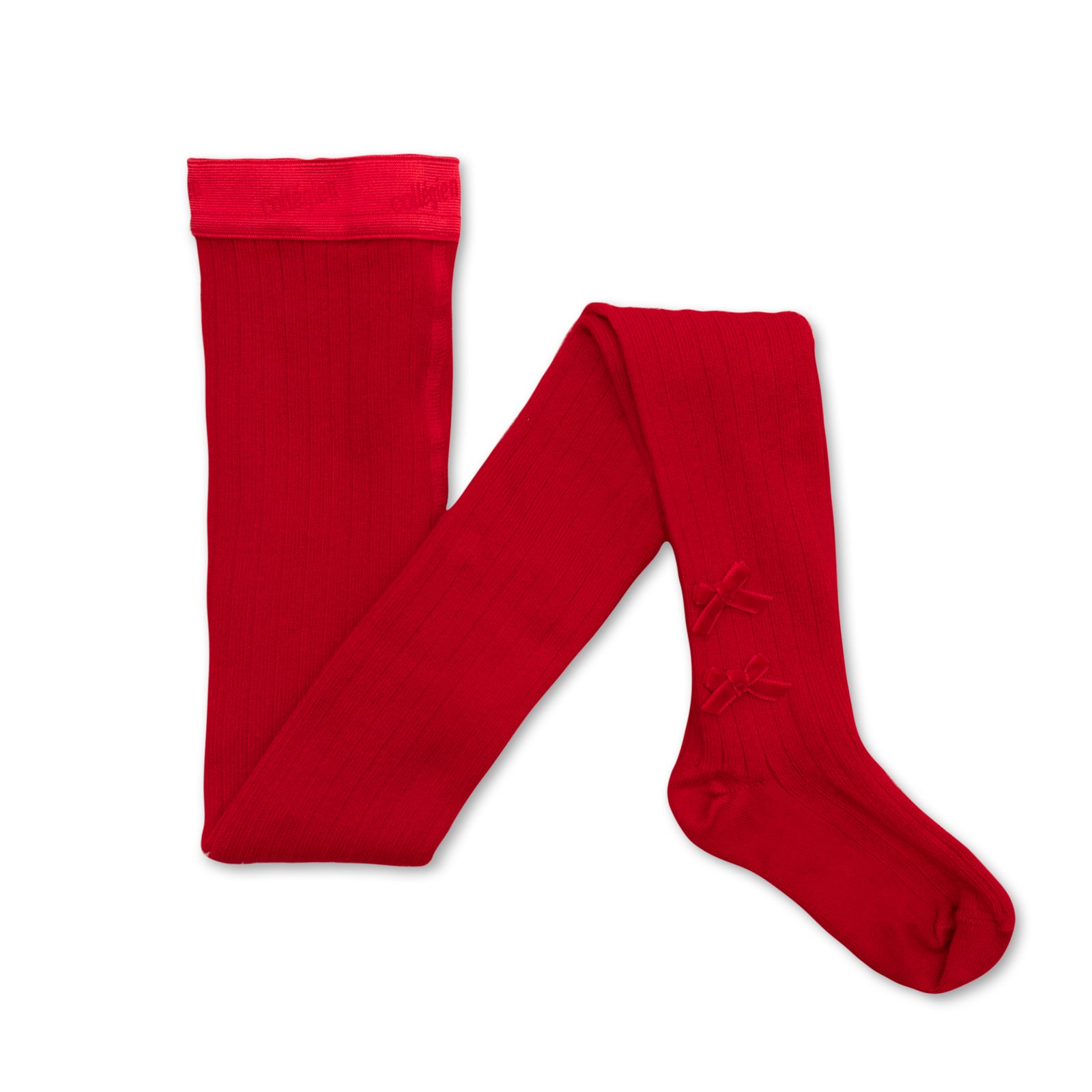 Collegien Ribbed Tights w. Velvet Bows / Coquelicot *PreOrder*