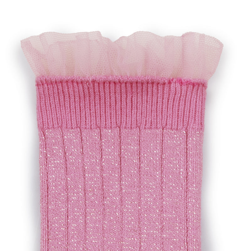 Collegien Alizee Ribbed Tulle Trim Glitter Ankle Socks /Rose Bonbon*preorder*