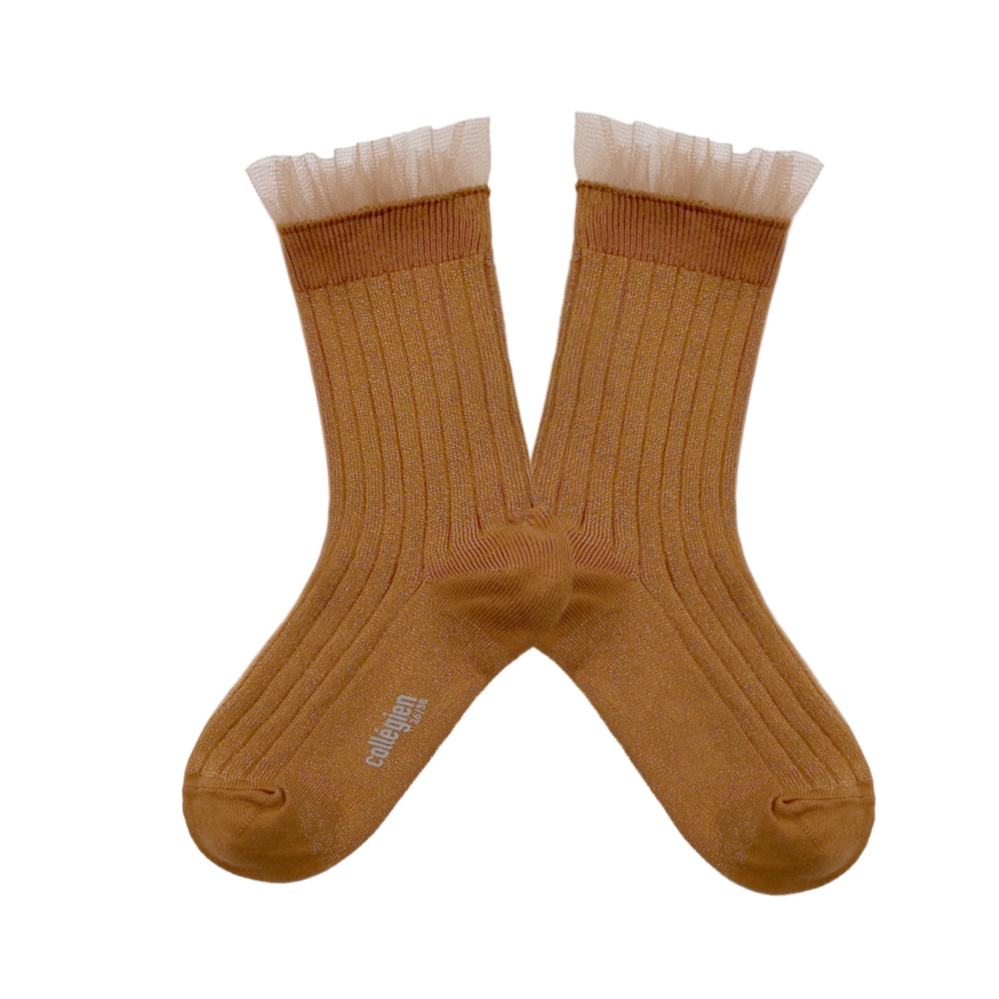 Collegien Alizee Ribbed Tulle Trim Glitter Ankle Socks /Caramel*preorder*