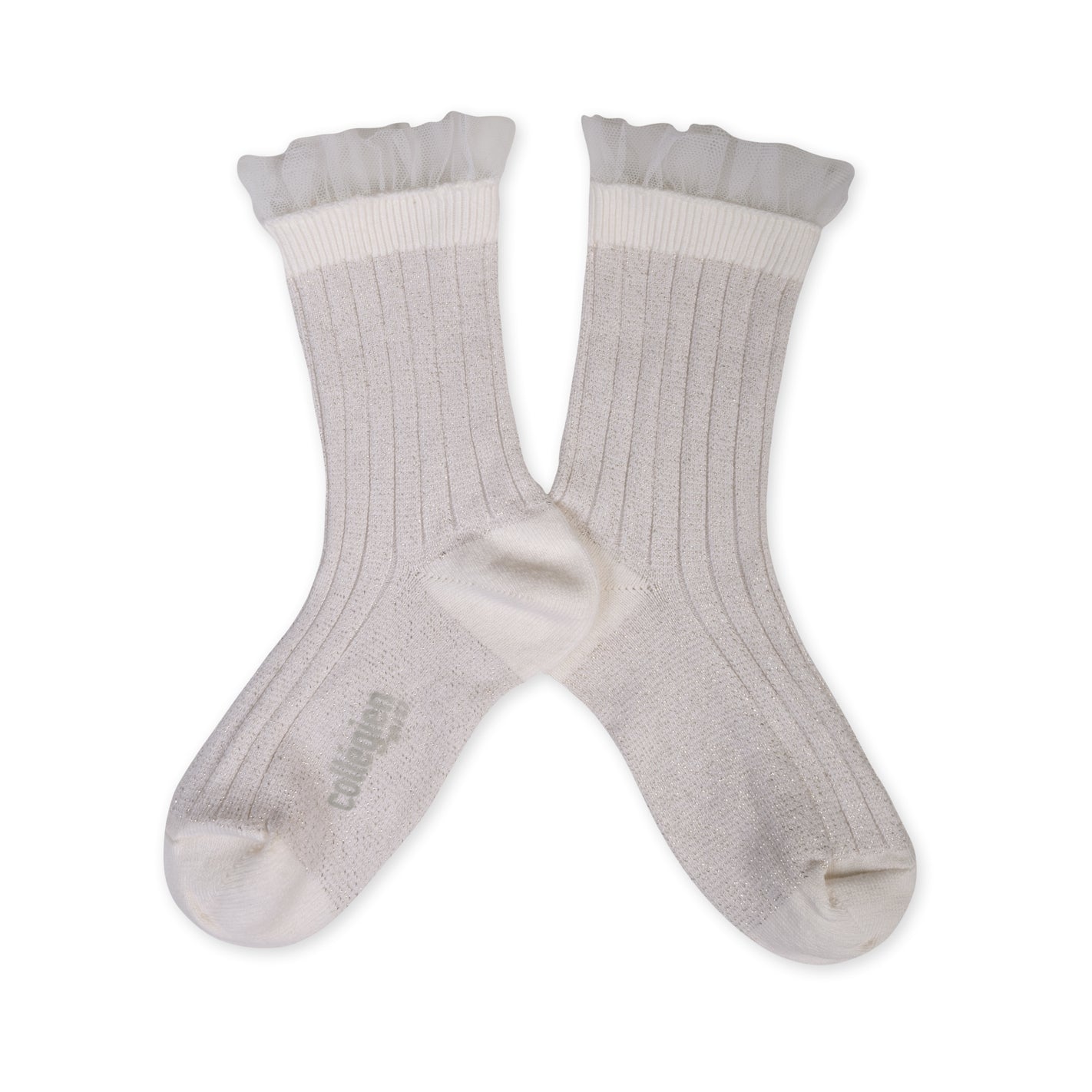 Collegien Alizee Ribbed Tulle Trim Glitter Ankle Socks /Blanc*preorder*