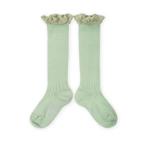 Collegien Gingham Ruffle Ribbed Knee High Socks/ Verveine *preorder*