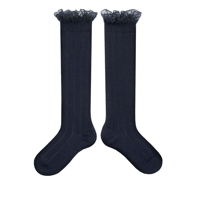 Collegien Openwork Swiss Dot Trim Knee-high Socks / Nuit Etoilee *preorder*